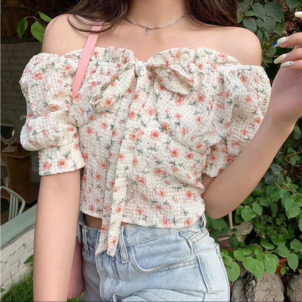 Floral Puff Sleeves Off-Shoulder Crop Top Blouse